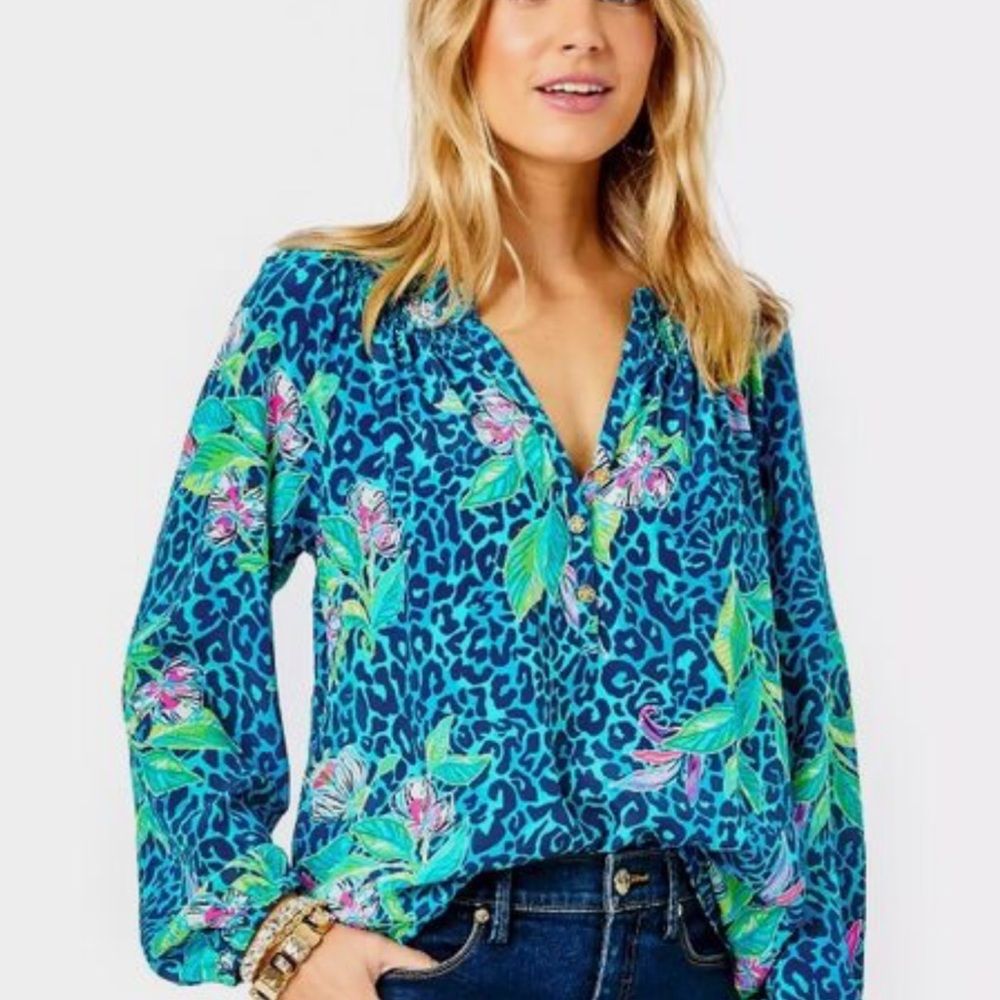 Lilly Pulitzer Formentera Turquoise Hot on the Spot Blue Silk Blouse Top - Picture 4 of 11